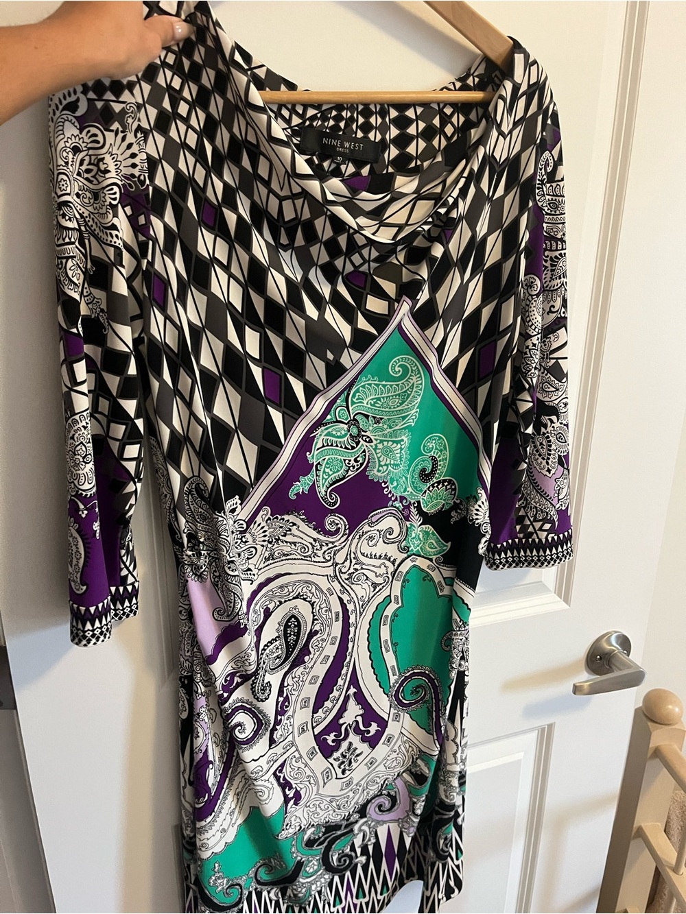 Nine West Womenβs Purple Green Black Patterned Cowl Neck Dress